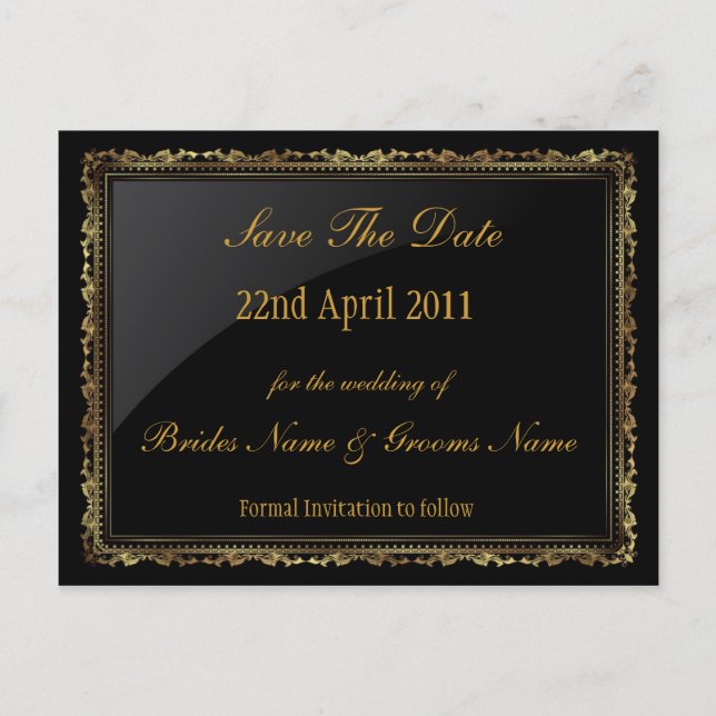 Gold and black Sav The Date postcard (Front)