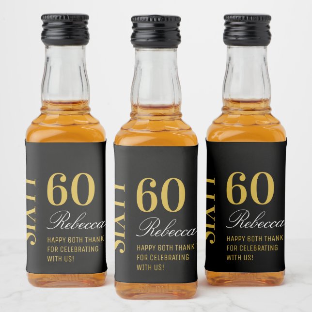Gold and Black Script Elegant 60th Birthday Party  Liquor Bottle Label (Bottles)