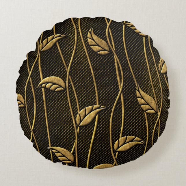 Gold and black seamless texture with leaves relief round pillow (Front)