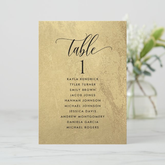 Gold and Black Seating Plan Cards with Guest Names (Standing Front)