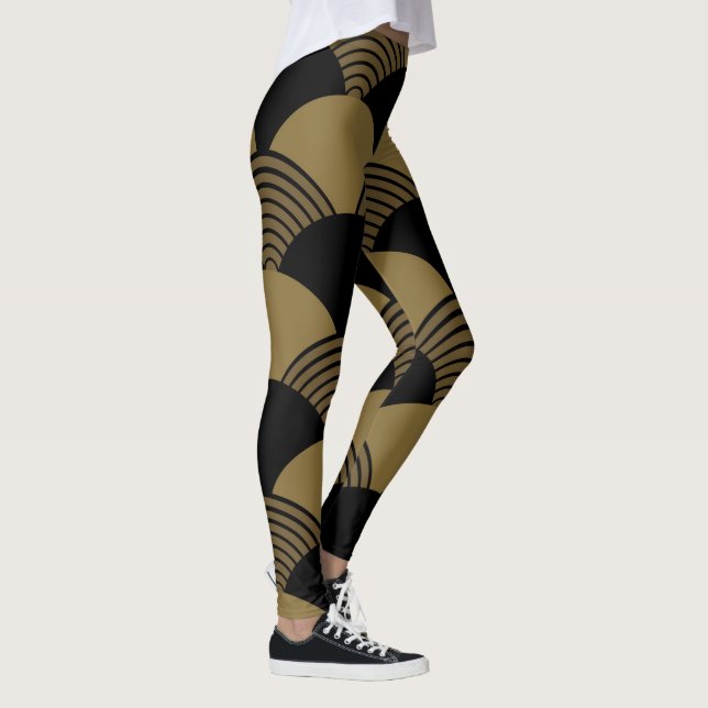 Gold And Black Seigaiha Japanese Waves Pattern Leggings (Right)