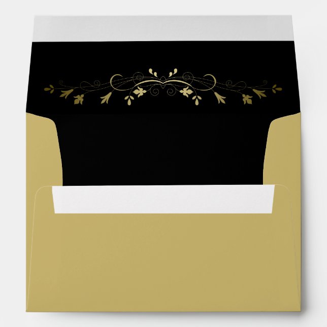 Gold and Black Simple Vintage Flourish Wedding Envelope (Back (Bottom))