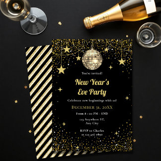 Gold and Black Stars Confetti New Year's Eve Party Invitation