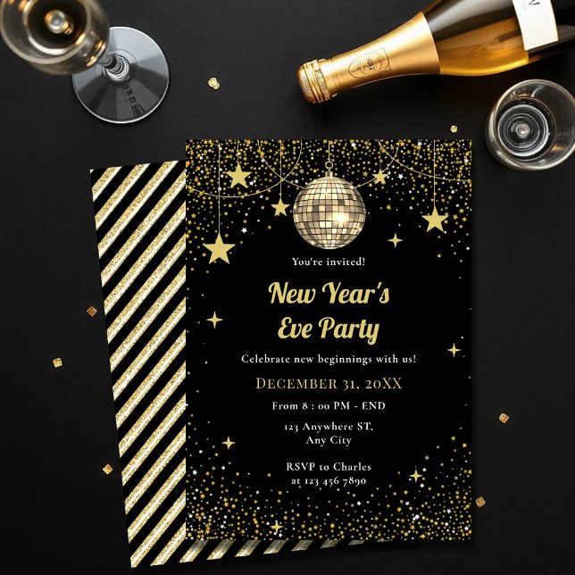 Gold and Black Stars Confetti New Year's Eve Party Invitation (Creator Uploaded)