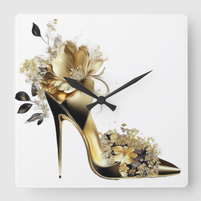 GOLD AND BLACK STILETTO HEELS WITH FLOWERS SQUARE WALL CLOCK (Front)