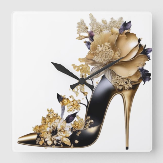 GOLD AND BLACK STILETTO HEELS WITH FLOWERS SQUARE WALL CLOCK (Front)