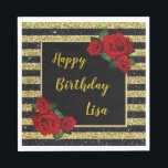 Gold And Black Stripes Glitter Red Roses Birthday Napkin<br><div class="desc">Set the table with a napkin that will enhance the festivities. Birthday parties should be special for every person. Napkins add a unique touch to all birthday parties and events. Personalize by changing the text in the fields provided. You can change font style,  size,  and colour.</div>