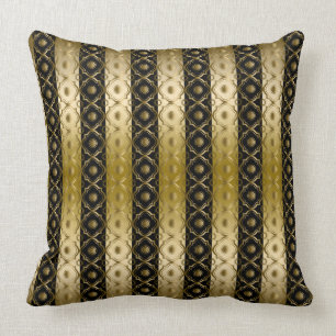 Gold And Black Stripes & Quatrefoil Geometric Throw Pillow