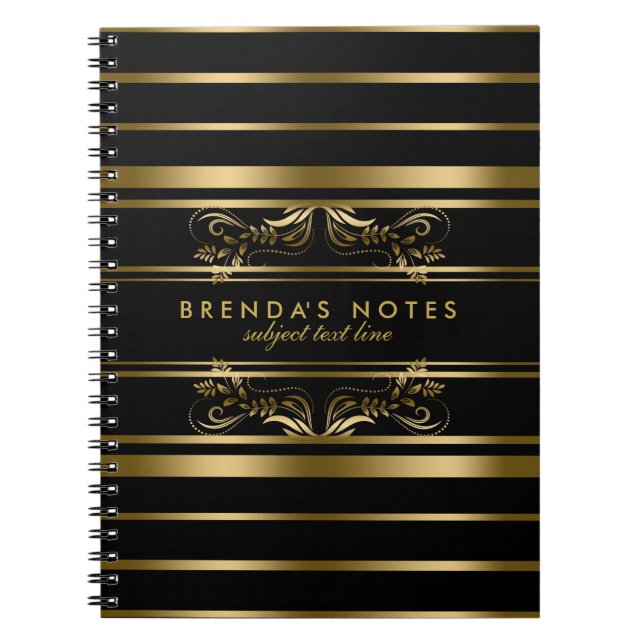 Gold And Black Stripes With Gold Floral Lace Notebook (Front)
