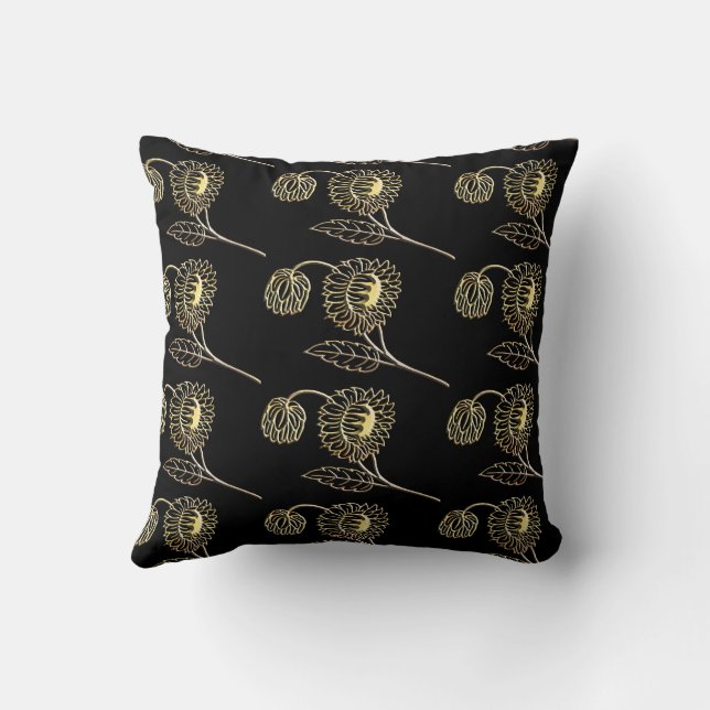 gold and black sunflowers nature art Pattern  Throw Pillow (Back)
