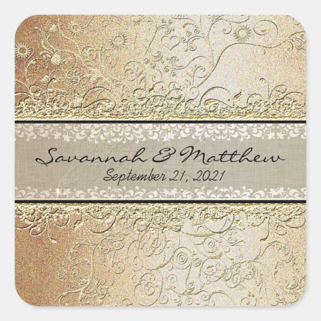 Gold and Black Swirl Square Wedding Seal (Front)
