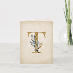 Gold and Black T Monogram With Leaves Note Card