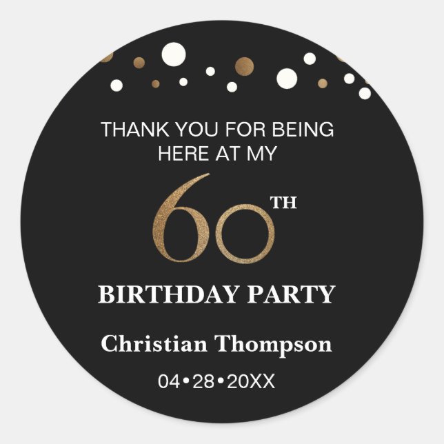 Gold and black theme 60th birthday party classic round sticker (Front)