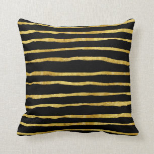 Gold and Black Torn Stripes Faux Foil Metallic Throw Pillow