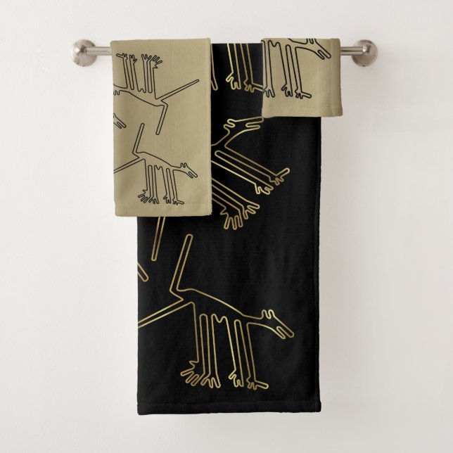 Gold and Black Towels with Animal Nazca Lines (Insitu)