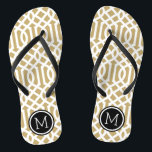 Gold and Black Trellis Monogram Flip Flops<br><div class="desc">Custom printed flip flop sandals with a stylish modern trellis pattern and your custom monogram or other text in a circle frame. Click Customize It to change text fonts and colours or add your own images to create a unique one of a kind design!</div>