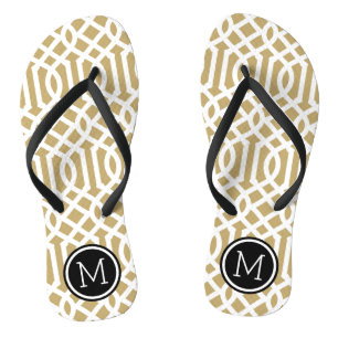 Gold and Black Trellis Monogram Flip Flops