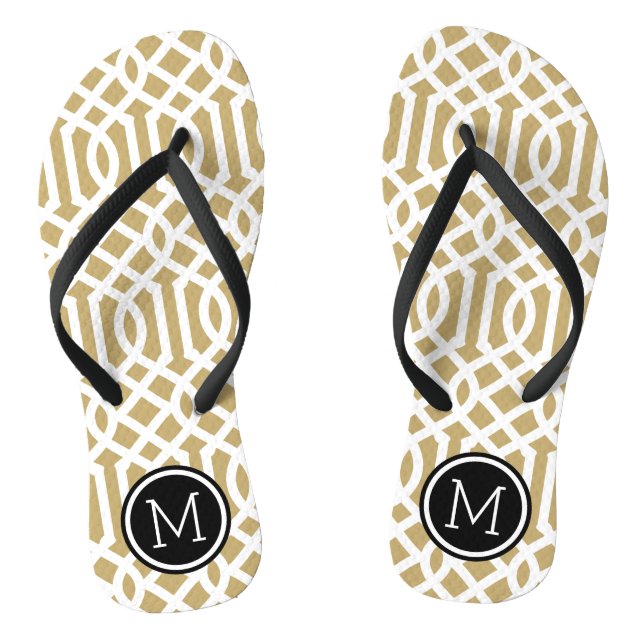 Gold and Black Trellis Monogram Flip Flops (Footbed)