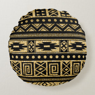Gold And Black Tribal Geometric Pattern Round Pillow