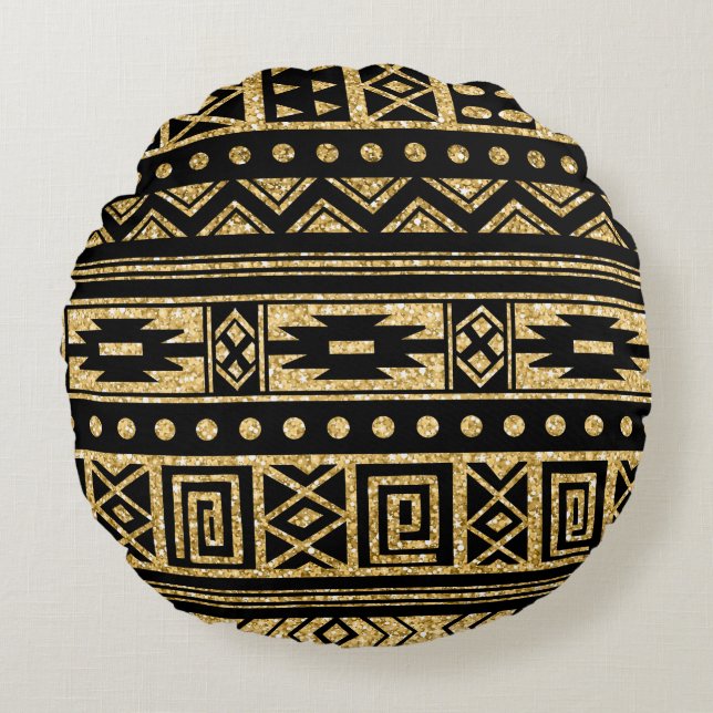 Gold And Black Tribal Geometric Pattern Round Pillow (Front)