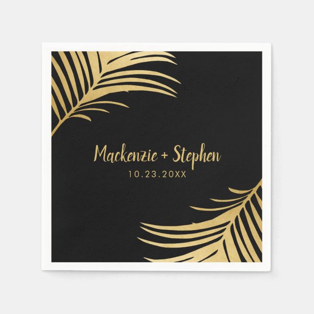 Gold and Black Tropical Palm Leaf Personalized Napkin (Front)