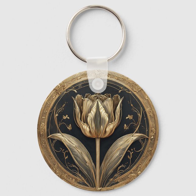 Gold and Black Tulip Design Keychain (Front)