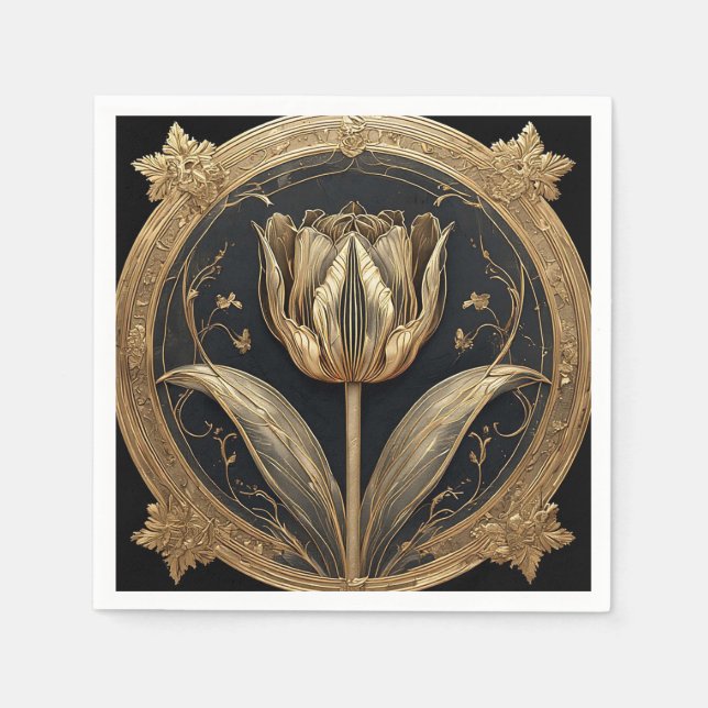 Gold and Black Tulip Design Napkin (Front)