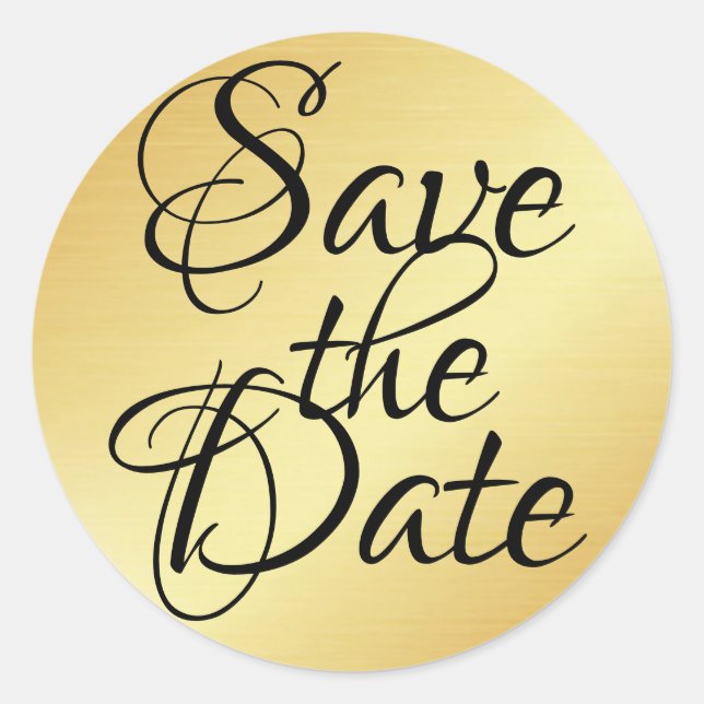 Gold and Black Typography Save the Date Classic Round Sticker (Front)