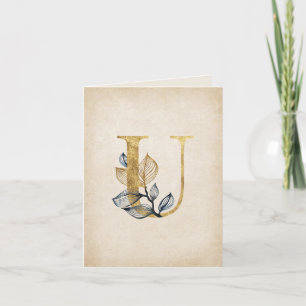 Gold and Black U Monogram With Leaves Note Card