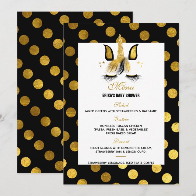 Gold and Black Unicorn Baby Shower Menu Invitation (Front/Back)