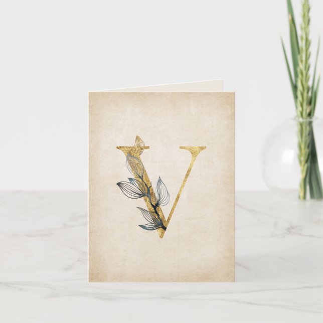 Gold and Black V Monogram With Leaves Note Card (Front)