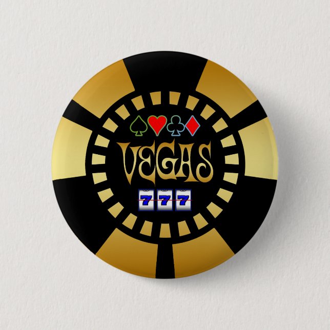 GOLD AND BLACK VEGAS POKER CHIP 2 INCH ROUND BUTTON (Front)