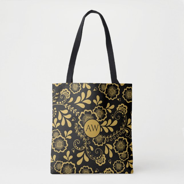 Gold and Black Victorian Lace Monogram Tote Bag (Front)