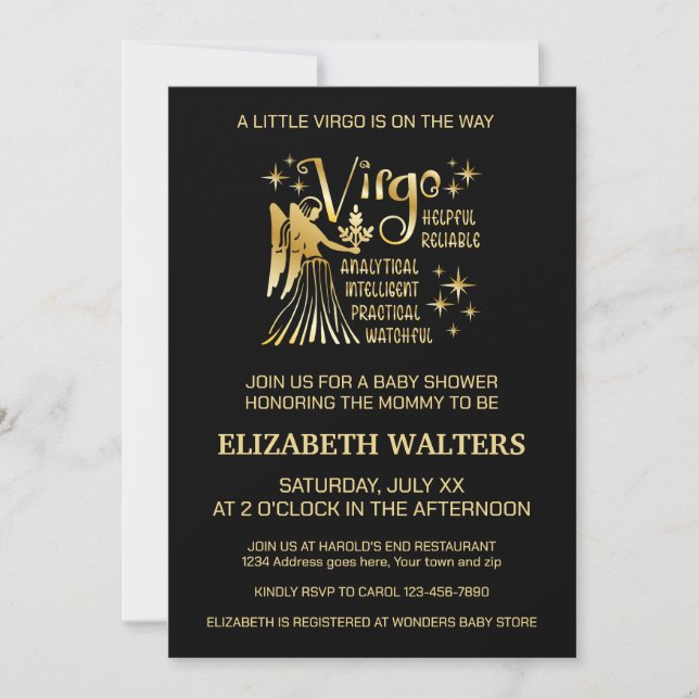 Gold and Black Virgo Zodiac Baby Shower Invitation (Front)