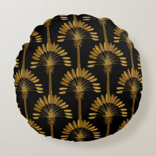 Gold and black Wallpaper with floral pattern in th Round Pillow