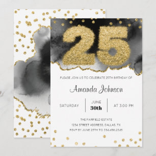 Gold and Black Watercolor 25th Birthday Invitation