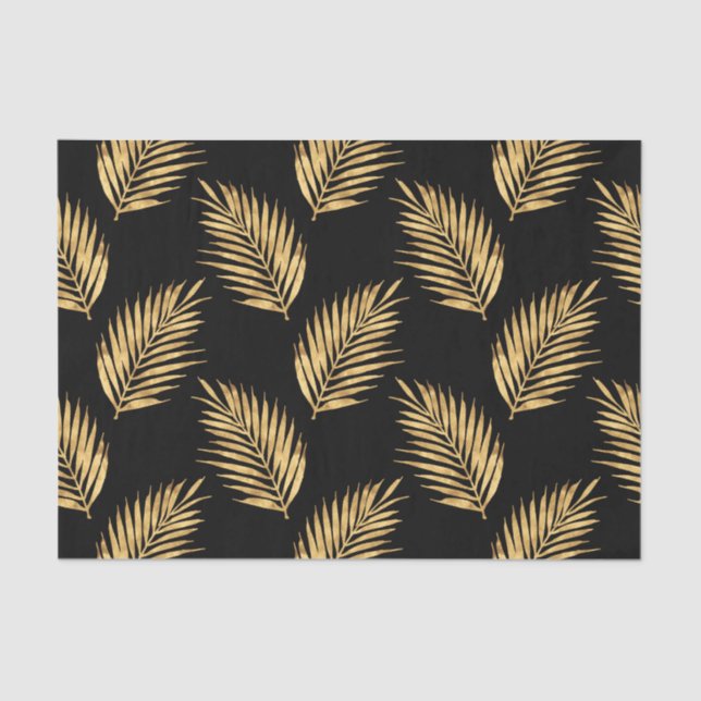 Gold and Black Watercolor Palm Fronds Pattern Tissue Paper (Front)