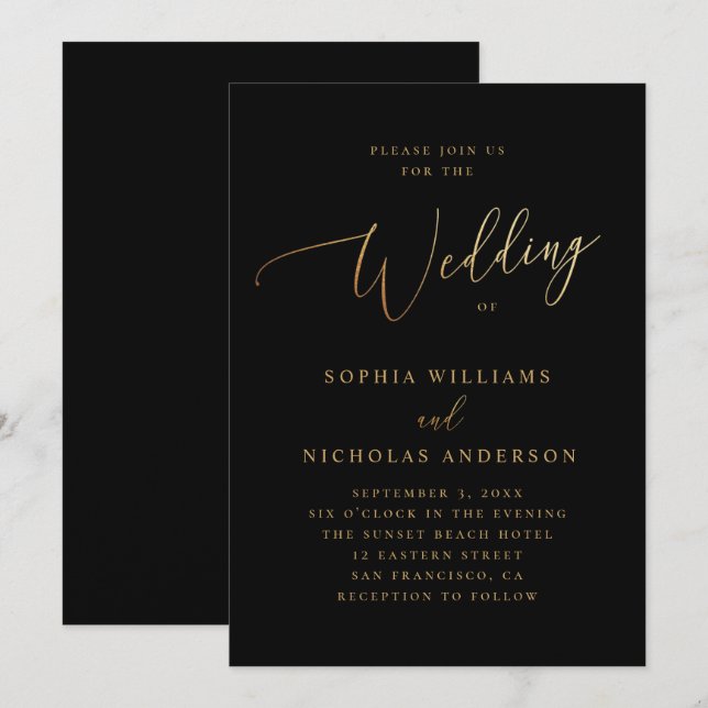Gold and Black Wedding | Elegant Classic Script Invitation (Front/Back)