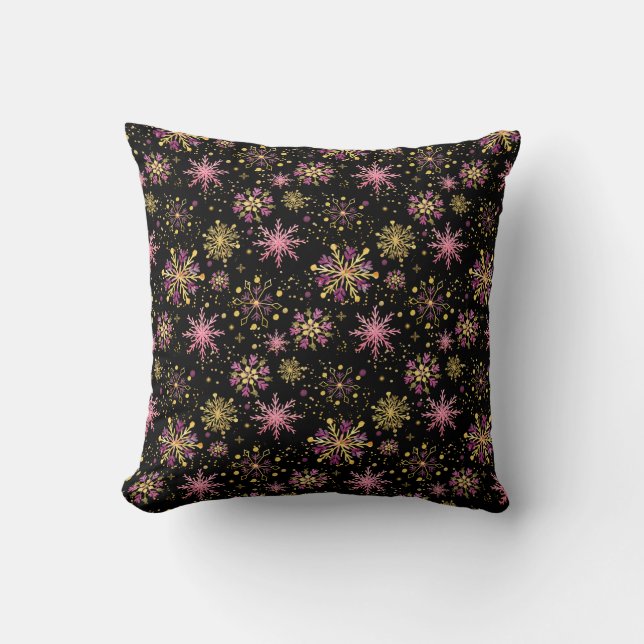 Gold and Black Winter Snowflakes Throw Pillow (Front)