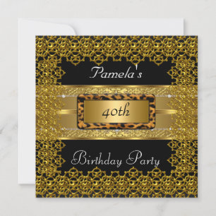 Gold and Black with Leopard Frame Birthday Party Invitation