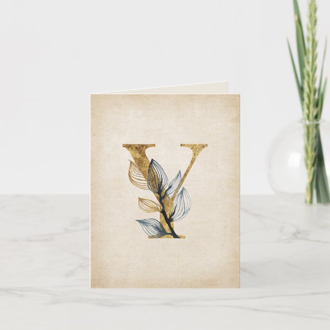 Gold and Black Y Monogram With Leaves Note Card (Front)