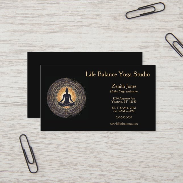 Gold and Black Yoga Studio Instructor Business Card (Front/Back In Situ)