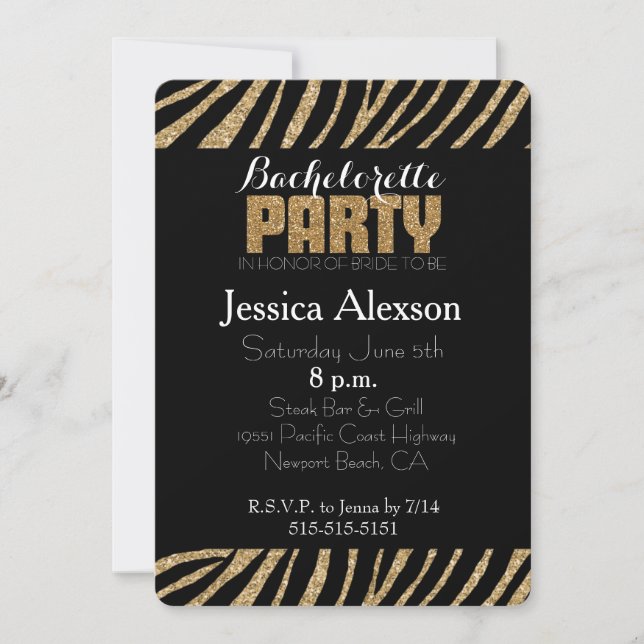 Gold and Black Zebra Print Glitter Bachelorette Invitation (Front)