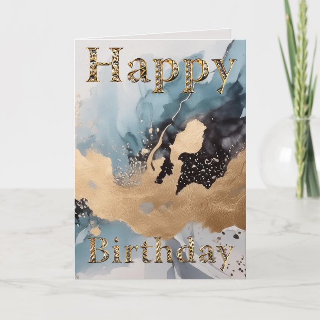 Gold and blue abstract Happy Birthday Card (Front)