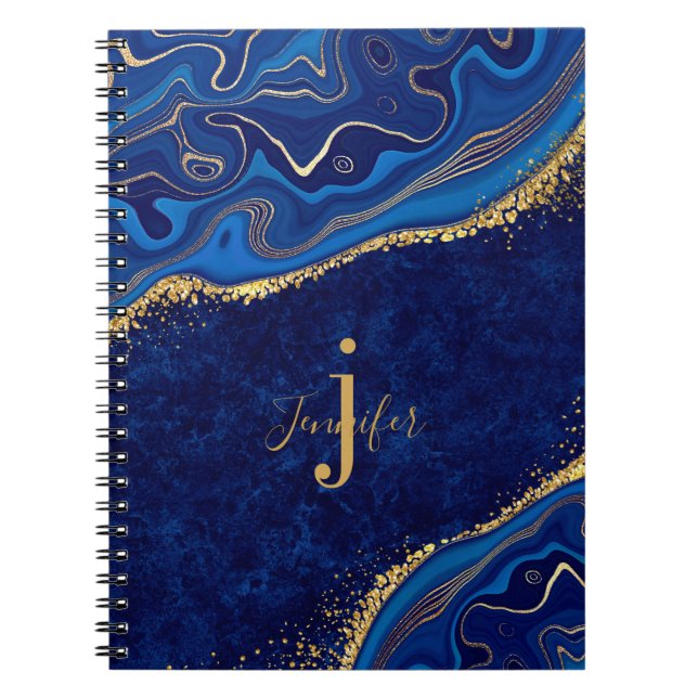 Gold and Blue Agate Modern Elegant Marble Custom  Notebook (Front)
