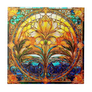 Gold and Blue Art Deco Nouveau Ceramic Tile