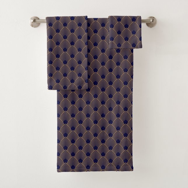 Gold and Blue Art Deco Pattern Bath  Towel Set (Insitu)