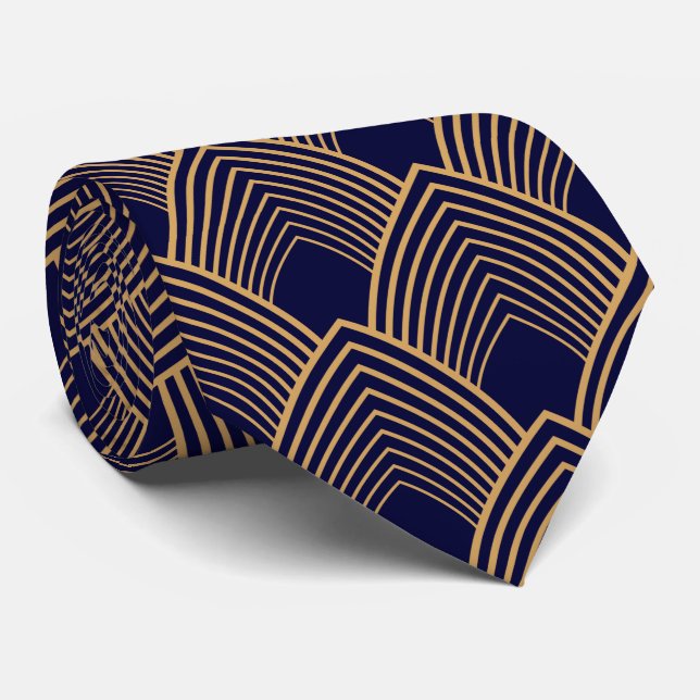 Gold and Blue Art Deco Pattern Neck Tie (Rolled)