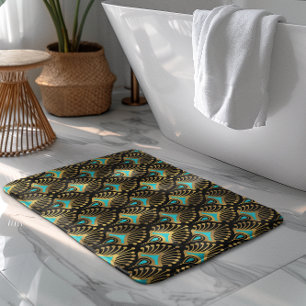 Gold and blue Art Deco pattern on black Bath Mat