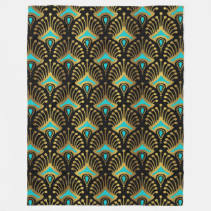 Gold and blue Art Deco pattern on black Fleece Blanket
